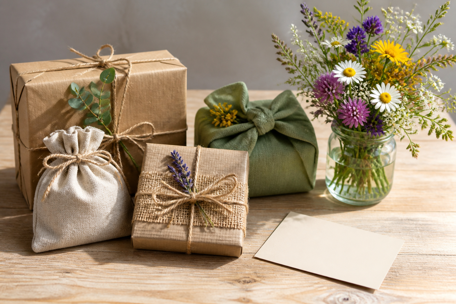 Nachhaltige kleine Dankeschön-Geschenke mit Karte und Blumen