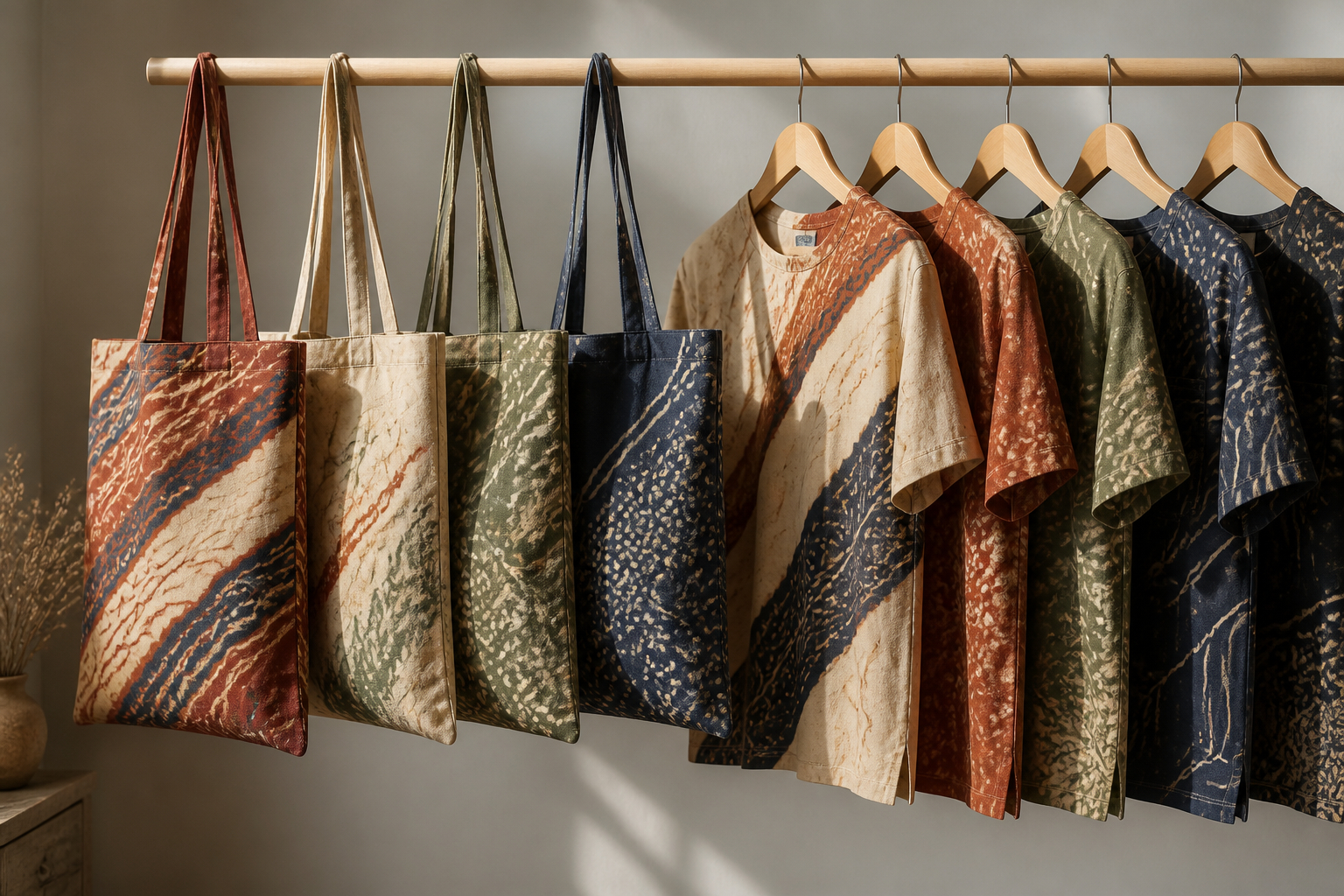 Moderne gebatikte Kleidung und Stofftaschen in harmonischen Farben