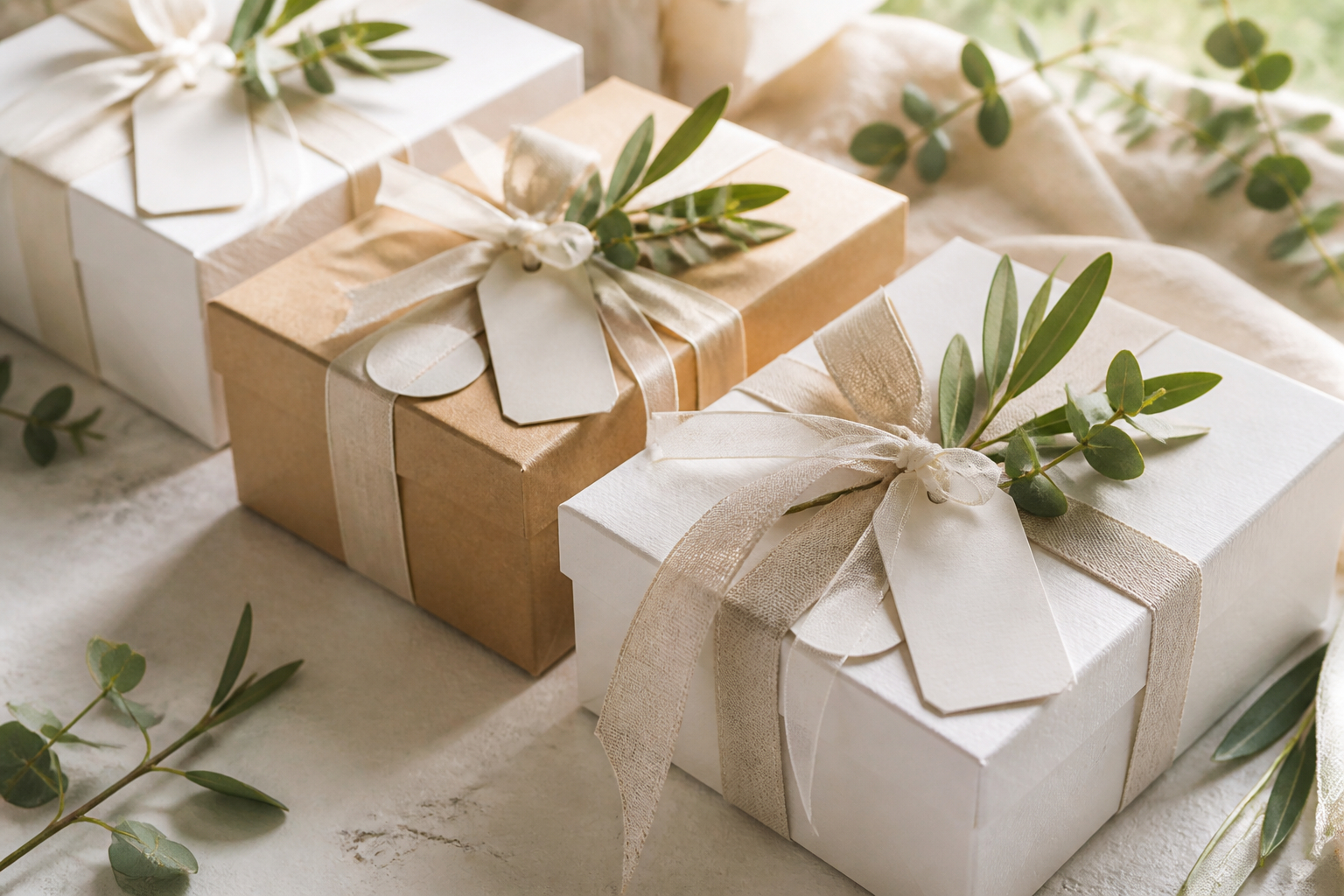 Weiße Geschenkboxen für Hochzeitseinladungen dekorieren