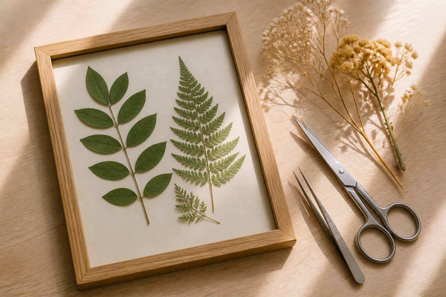 Botanisches Blattbild mit gepressten Blättern im Rahmen