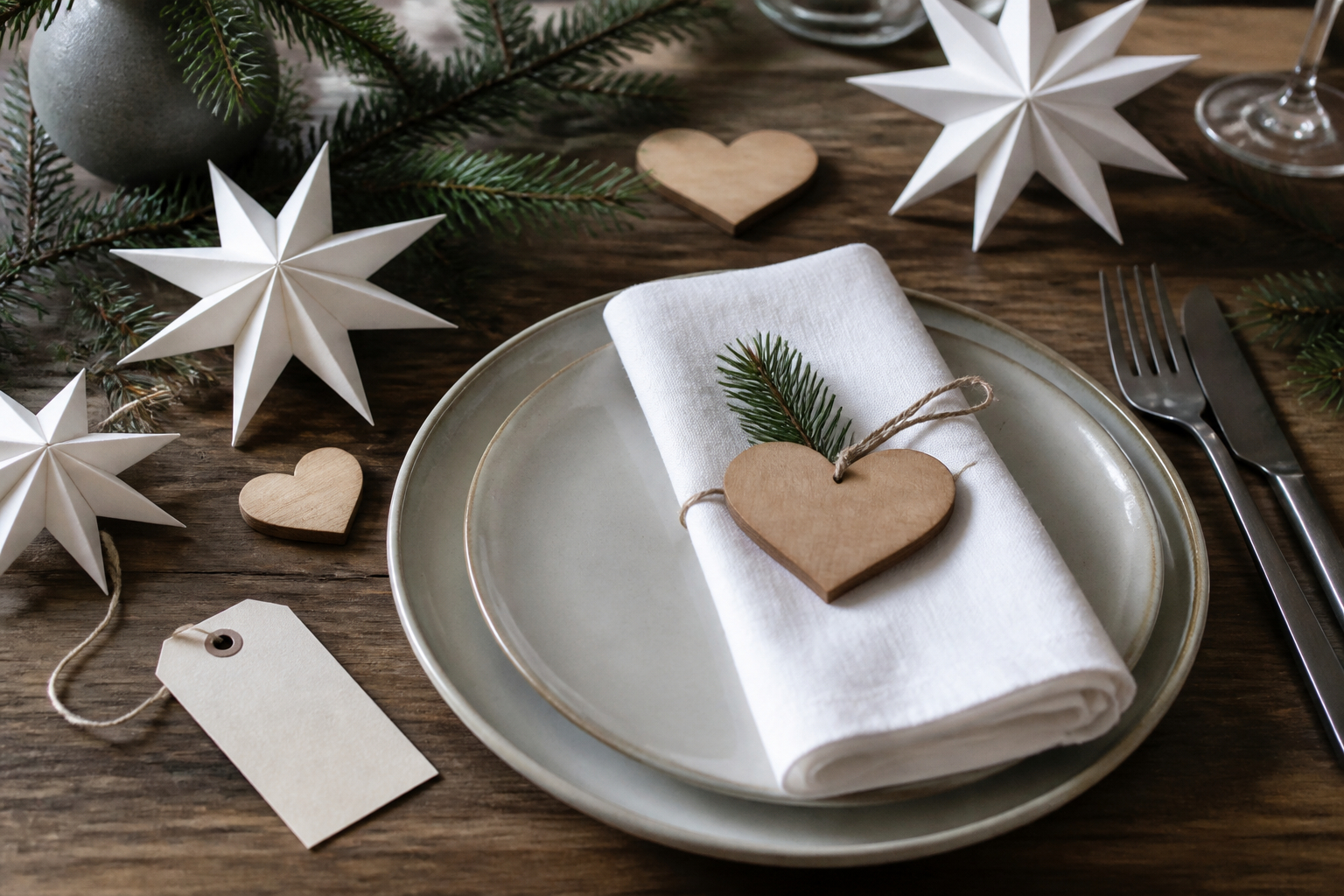 Papier und Holz als natürliche Weihnachtsdekoration