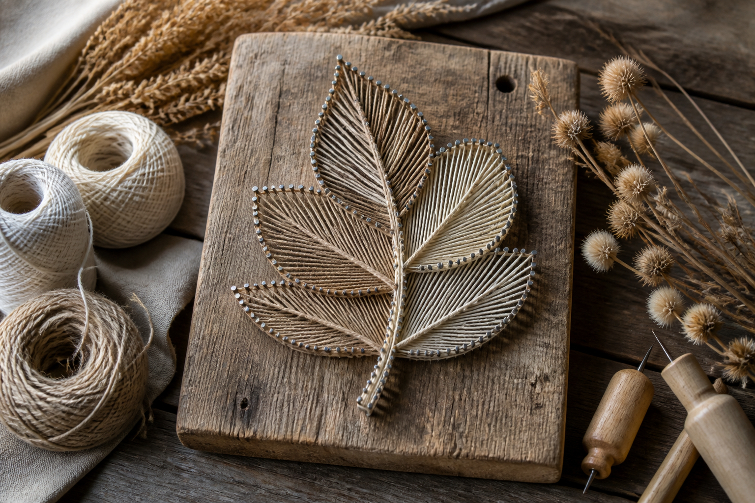 Nachhaltige Fadenbild Dekoration aus Holz und Naturgarn