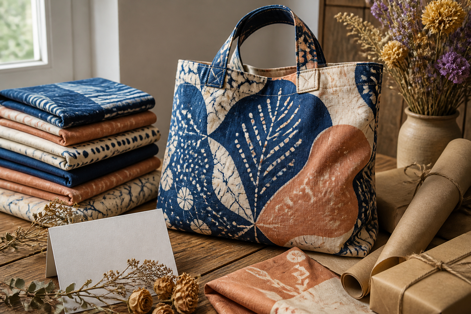 Gebatikte Stofftasche als nachhaltige Geschenkidee mit Grußkarte