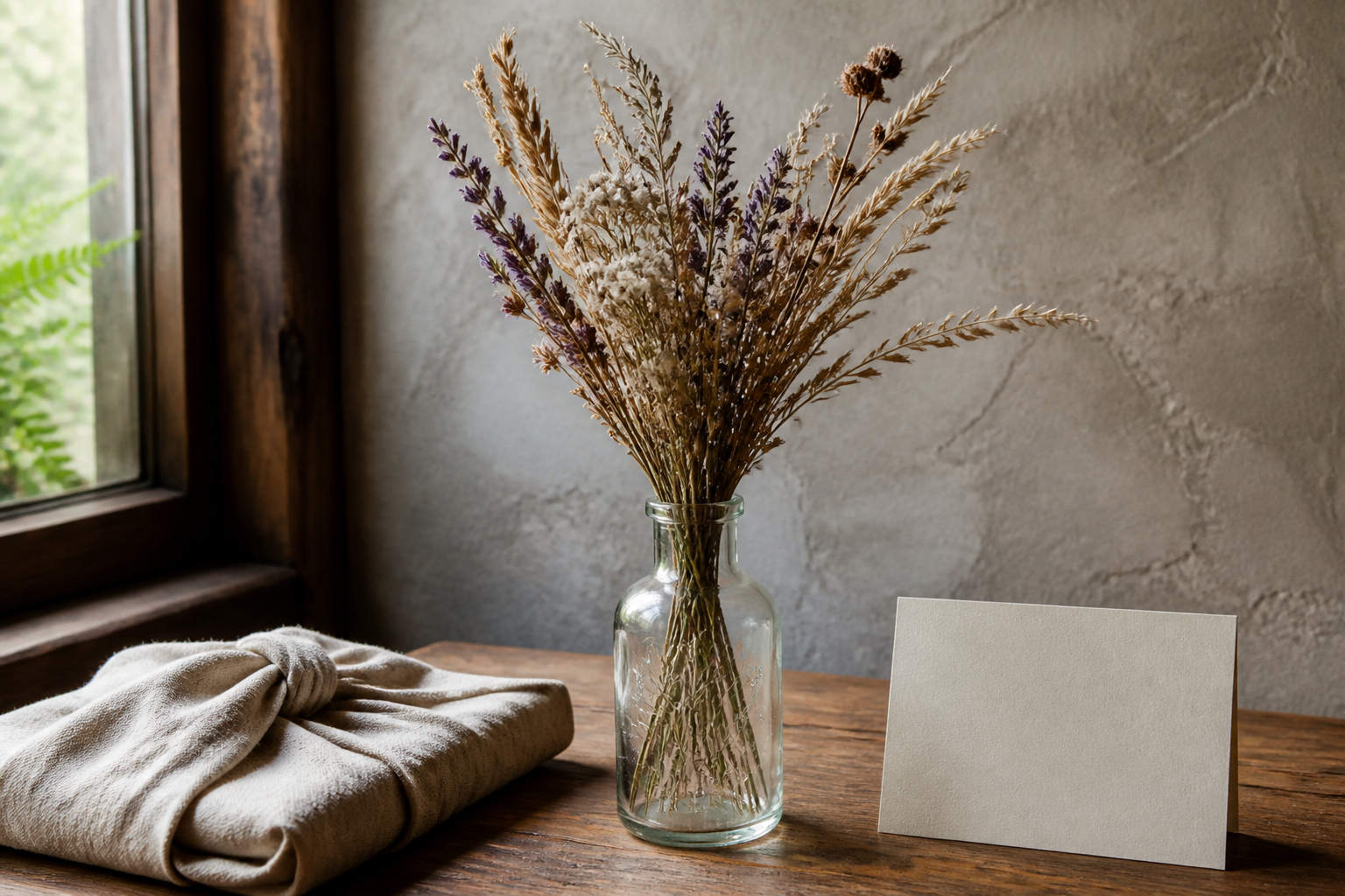 Nachhaltiges Geschenk mit gravierter Glasflasche und Trockenblumen