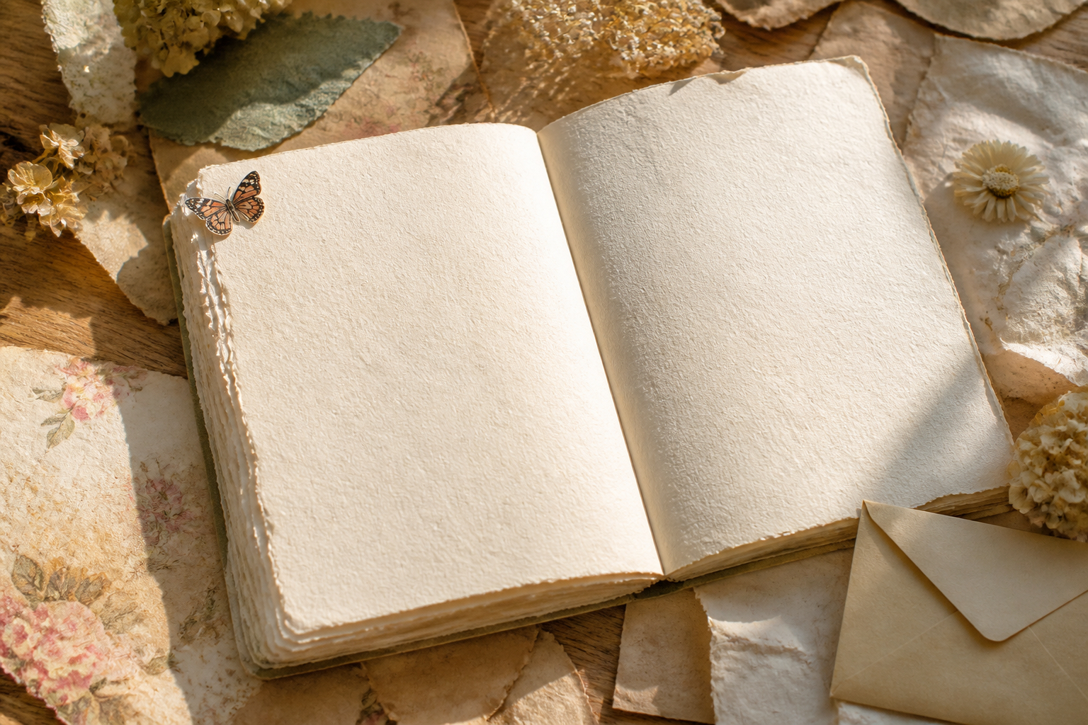 Dekorierte Mitmachseite im Gästebuch mit Vintage-Papier und Schmetterlingsstickern