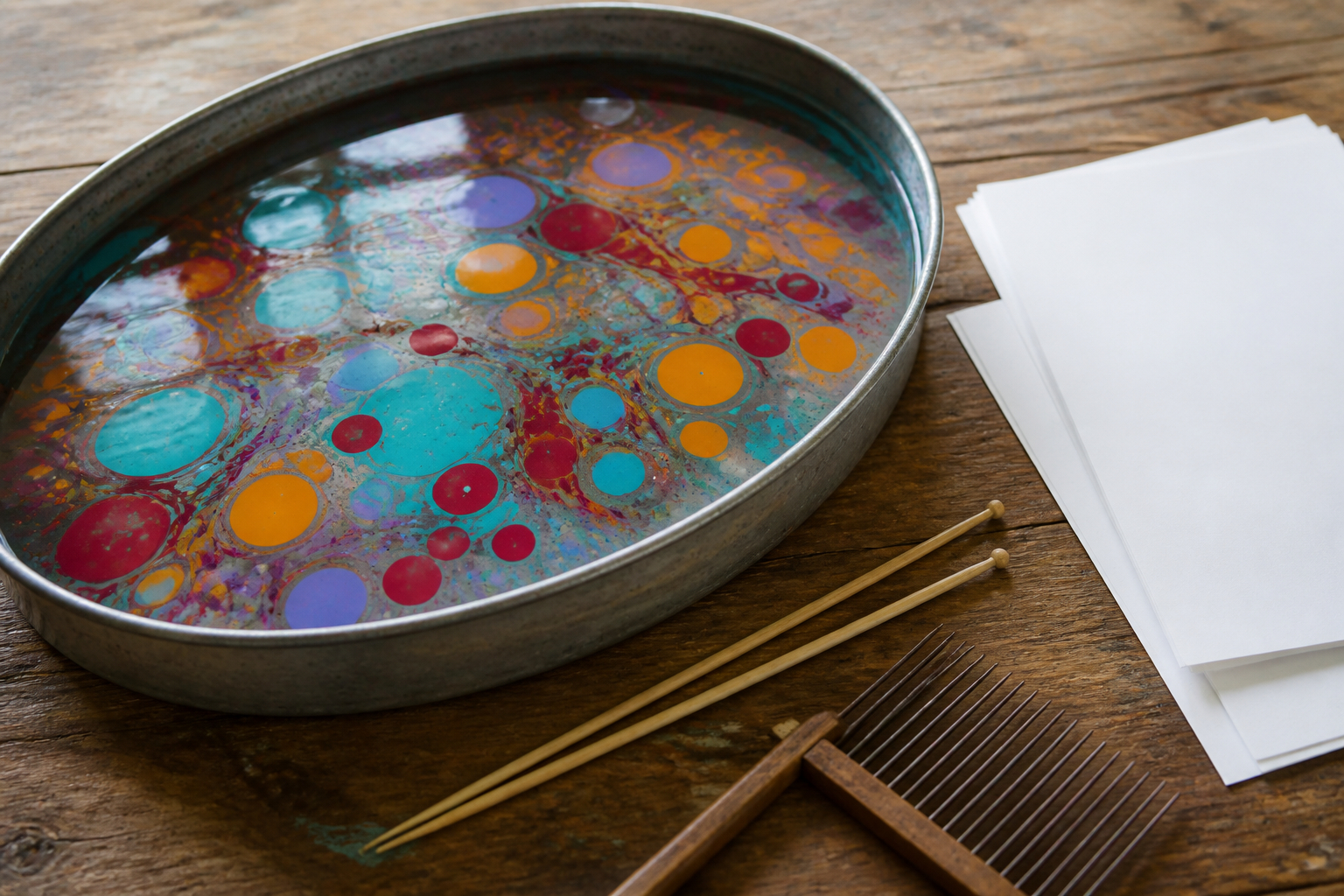 Papier marmorieren mit Farben auf einer Wasseroberfläche