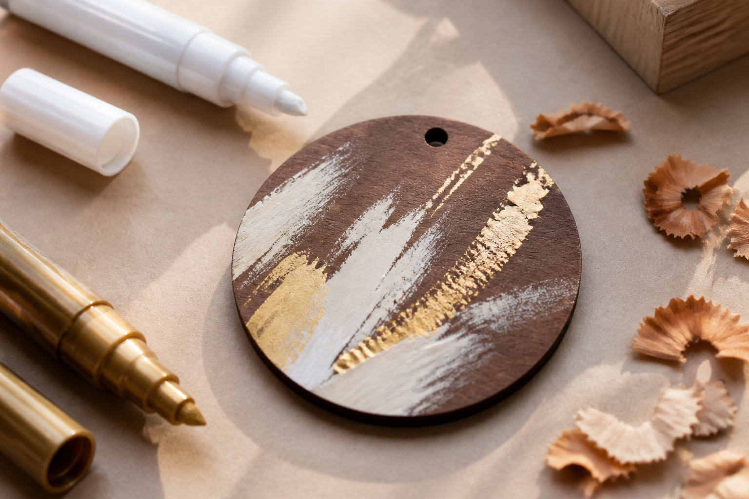Namen auf einer Holzplatzkarte mit Acrylstift gestalten