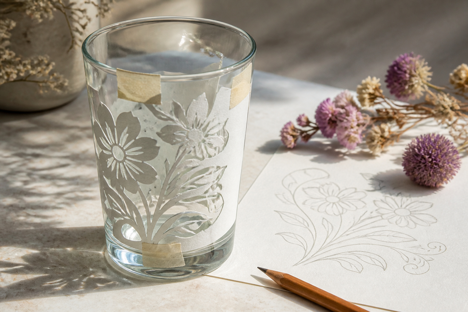 Blumenmotiv und Initialen als Vorlage für eine Glasgravur
