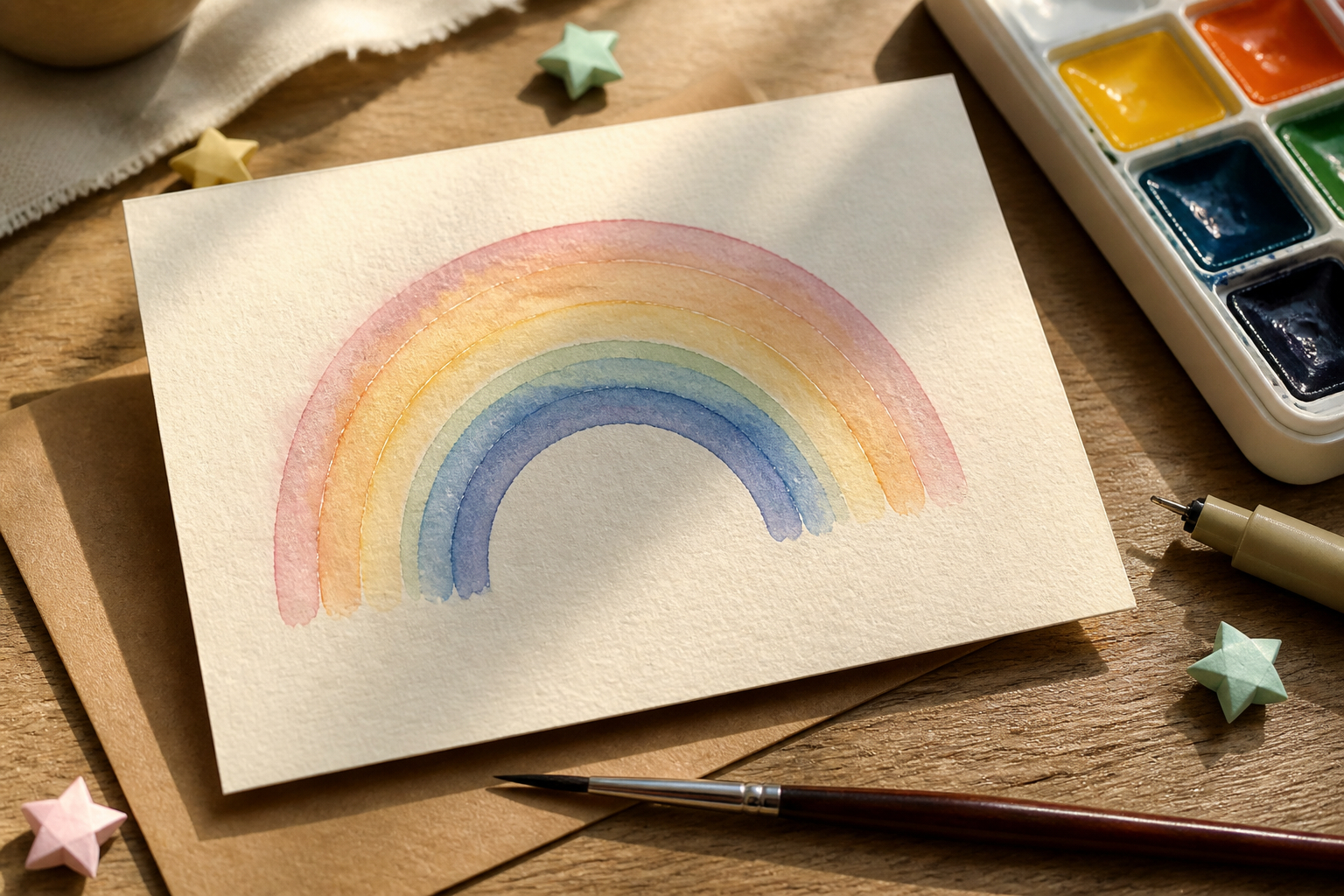 Aquarell-Regenbogen auf einer selbst gestalteten Geburtskarte