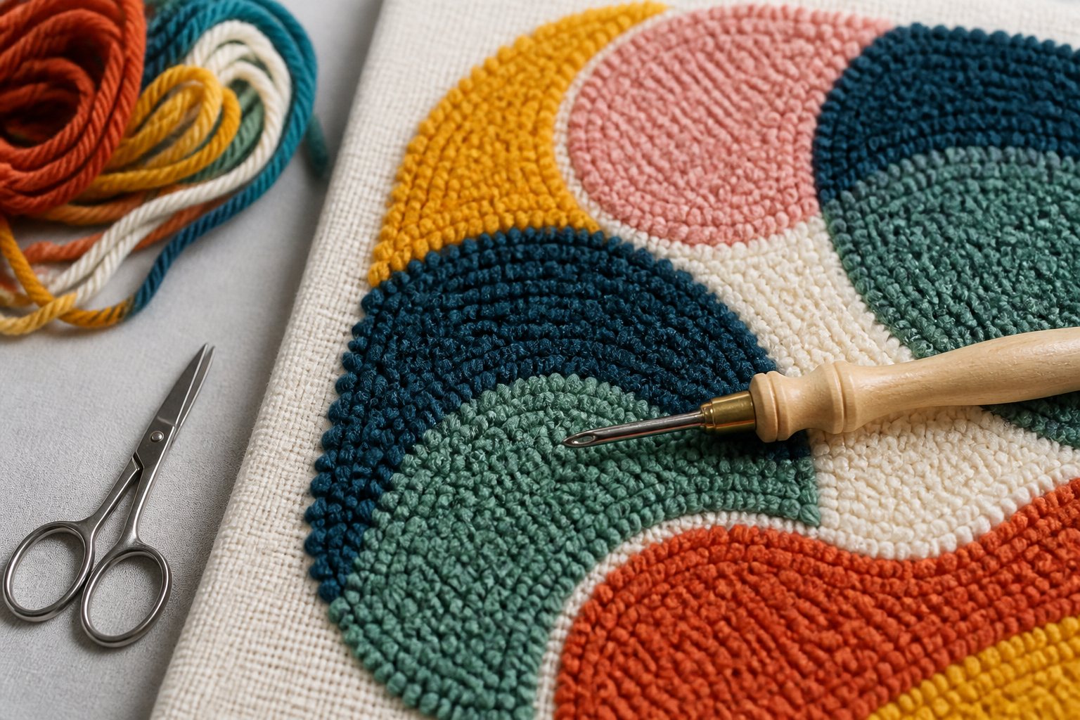 Erste Punch-Needle-Stiche in einem bunten Stoff