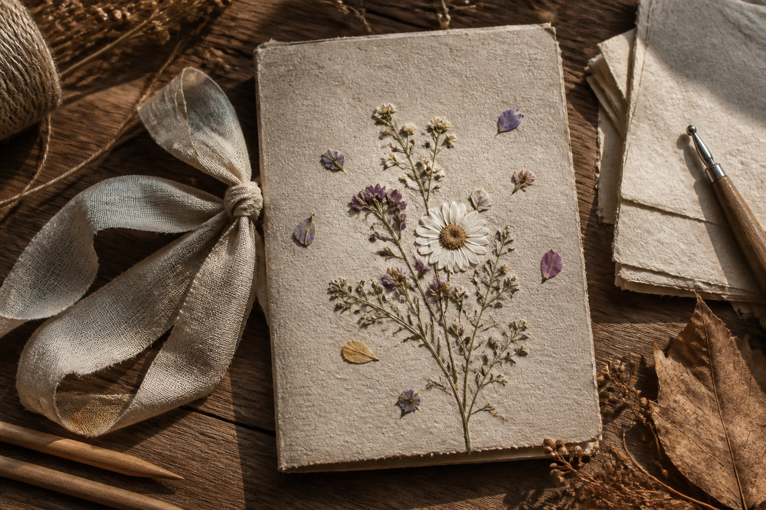 Handgemachte Karte mit gepressten Blumen und Naturpapier