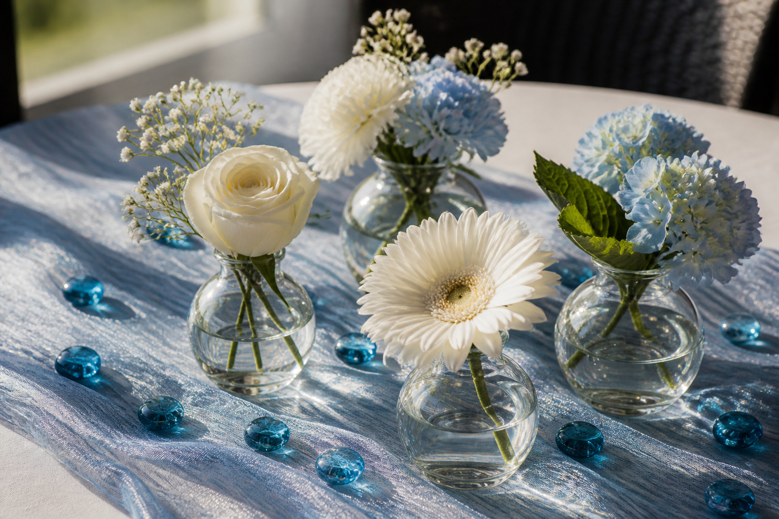 Mini-Vasen mit Blumen und blauen Dekosteinen als Tischdeko