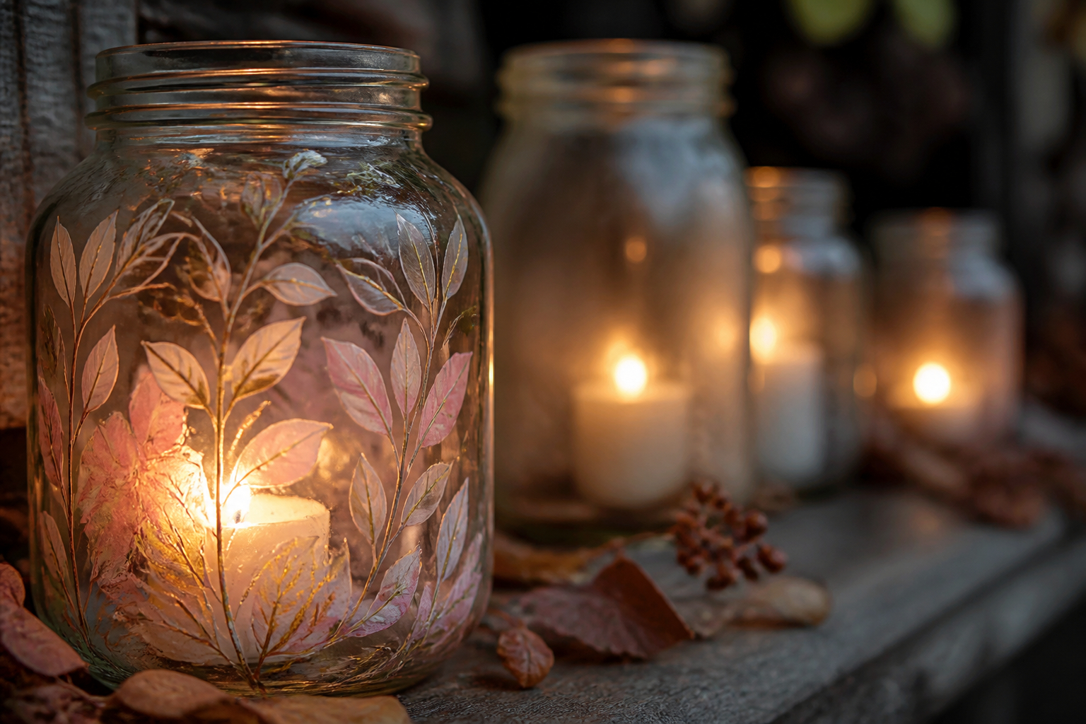 Windlicht aus altem Glas mit romantischer Blätterdekoration