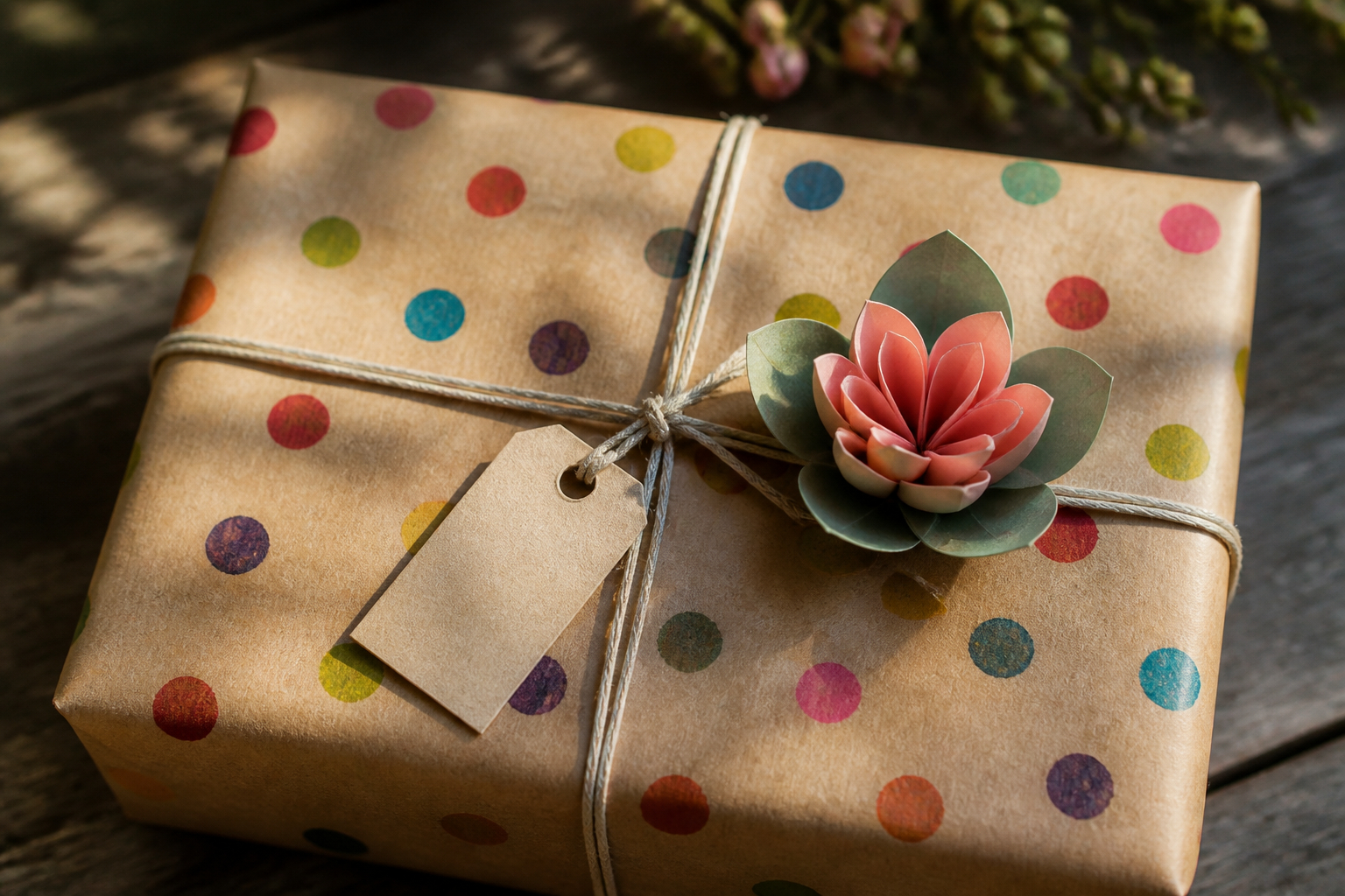 Plastikfreie Geschenkverpackung aus Kraftpapier mit Papierblüte