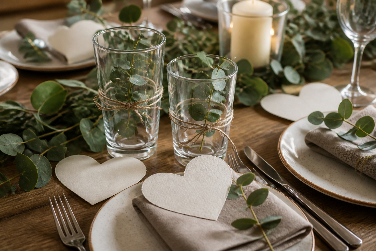 Nachhaltige Hochzeitstischdeko mit dekorierten Gläsern und Papierherzen