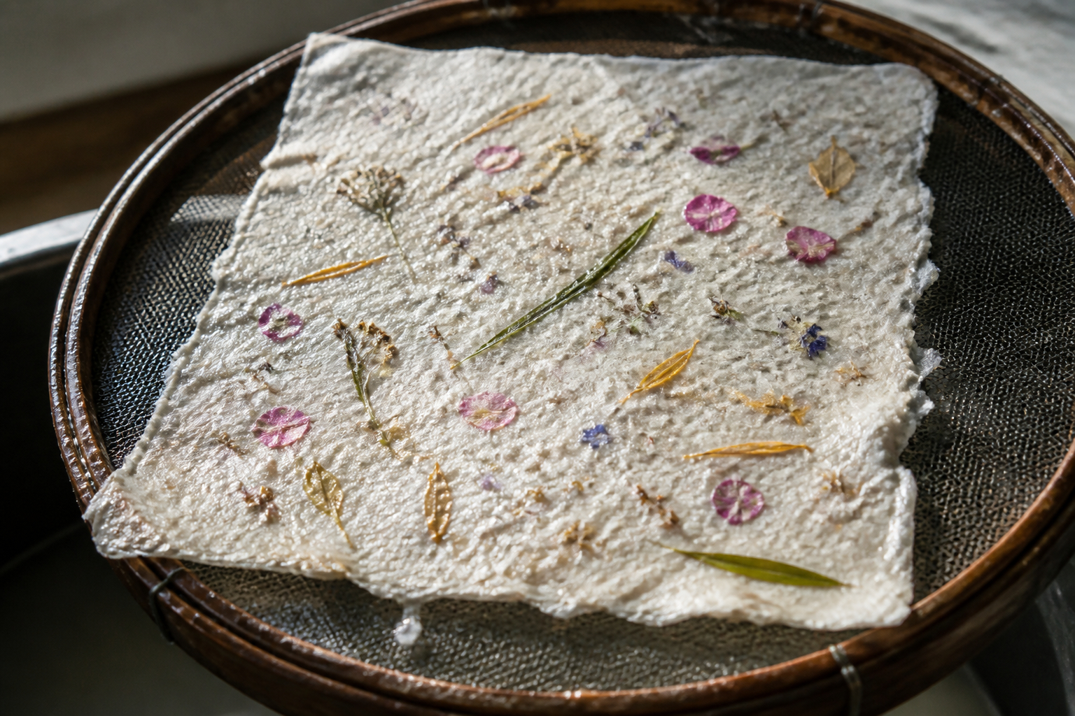 Handgeschöpftes Papier mit Trockenblumen gestalten