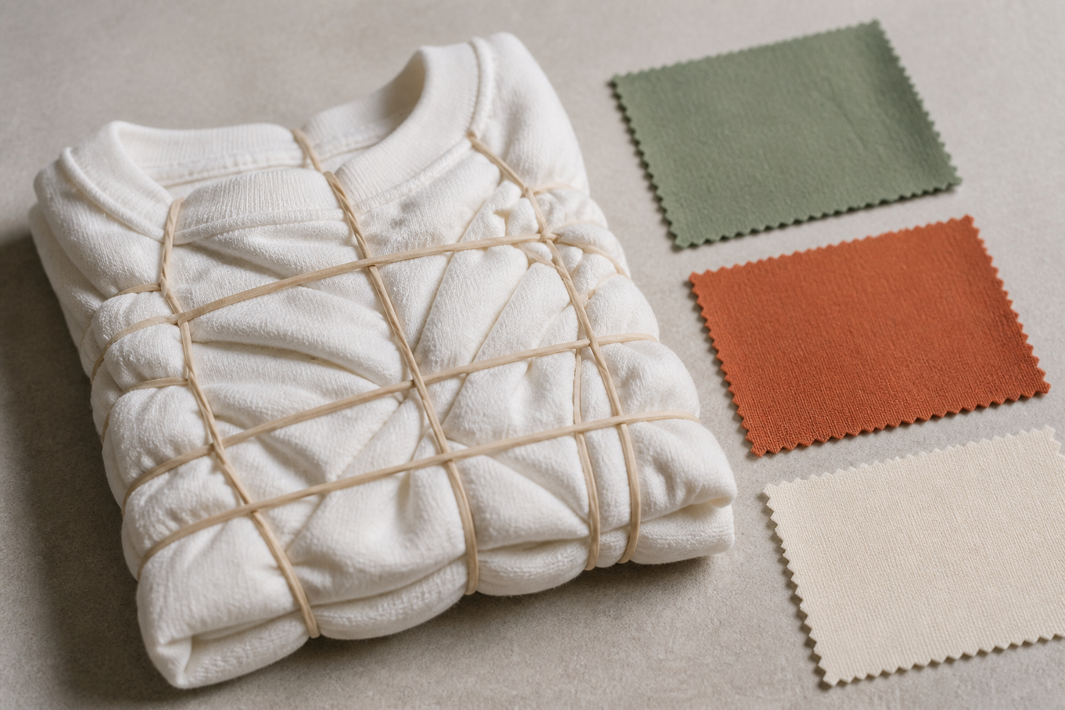 Gefalteter Stoff mit Gummibändern für ein geometrisches Batikmuster