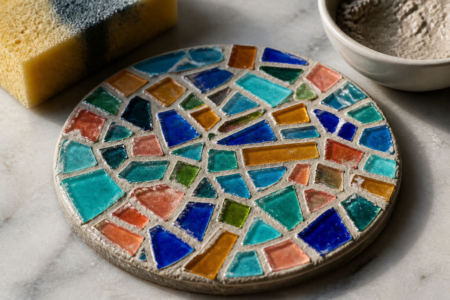 Mosaik-Untersetzer verfugen und mit Schwamm reinigen
