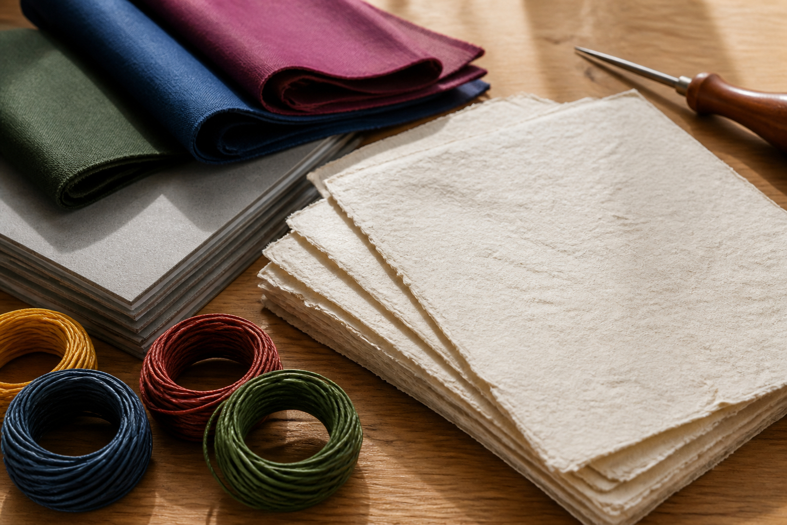 Papier, Graupappe und Buchbinderleinen für ein DIY-Notizbuch