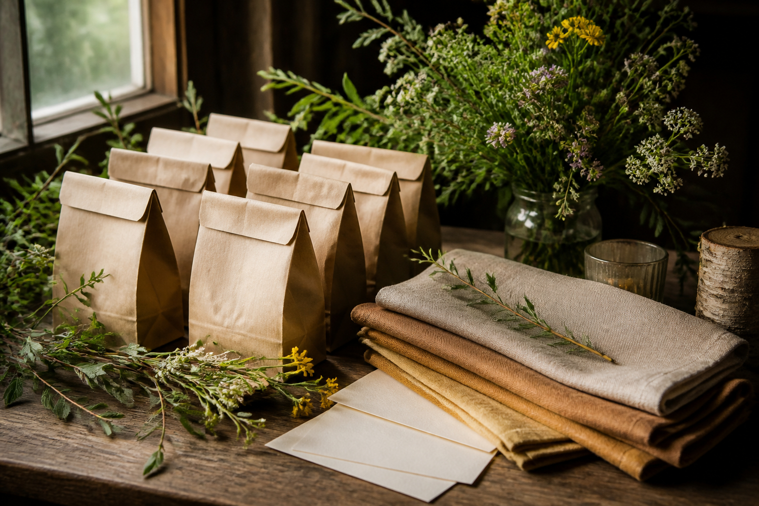 Nachhaltige Gastgeschenke Hochzeit auf natürlichem Hochzeitstisch
