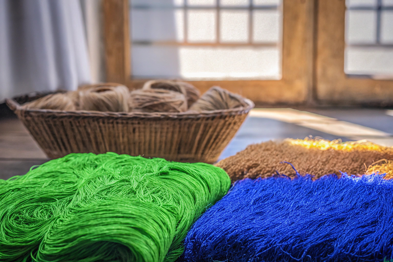 Natürliche Füllmaterialien wie Holzwolle und Pflanzenfasern in verschiedenen Farben. Natürliche Füllmaterialien für kreatives Recycling