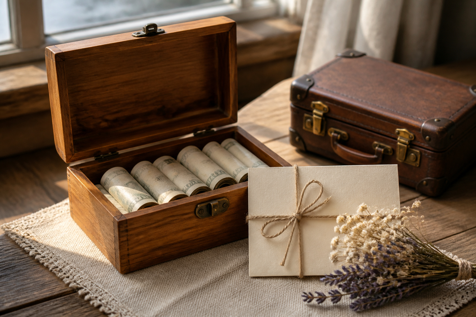 Holzbox und Mini-Koffer für kreative Geldgeschenke