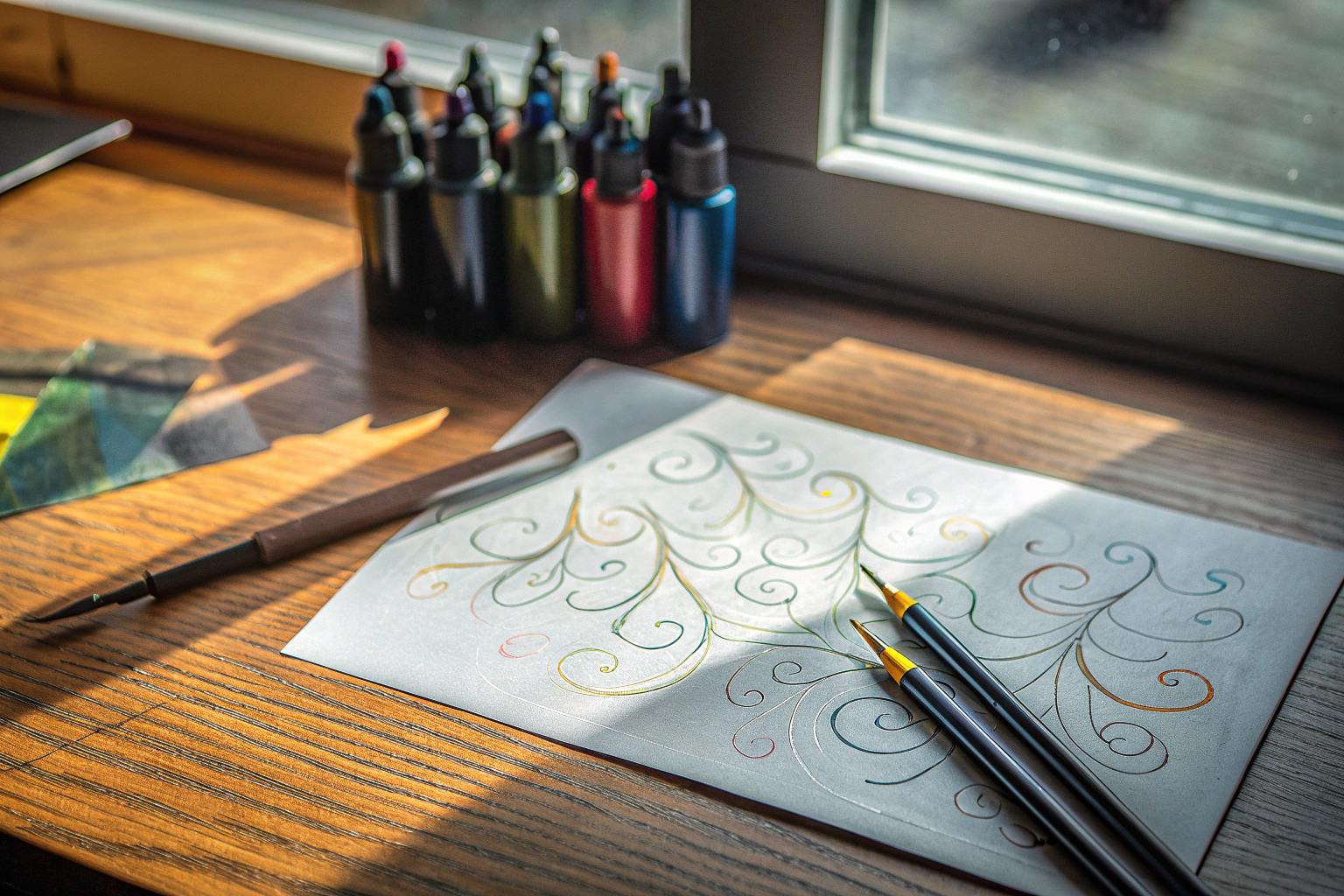 Person, die Kalligrafie zur Entspannung ausübt. Meditative Kalligrafie