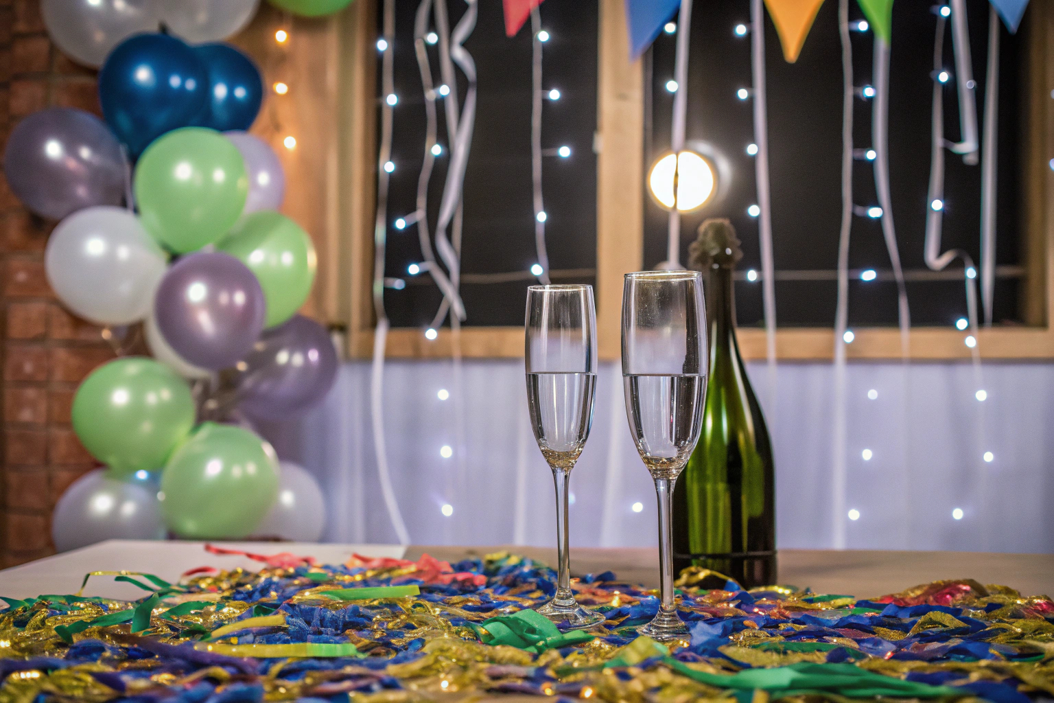 Personen, die den Countdown mit Konfetti und Sekt feiern. Silvester Countdown Feier