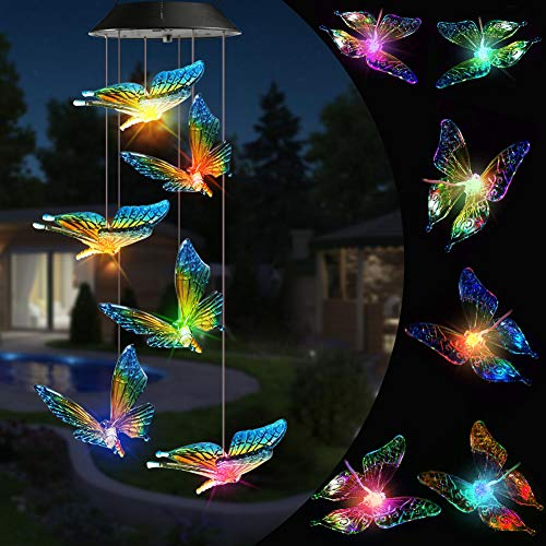 Qedertek Windspiele für Draußen, LED Schmetterling Solar Farbwechsel
