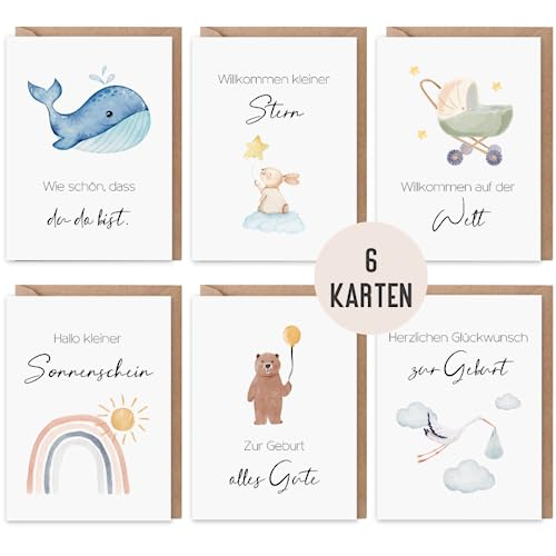 6 Glückwunschkarten Baby zur Geburt | Set mit 6 Klappkarten inkl. Naturkuvert