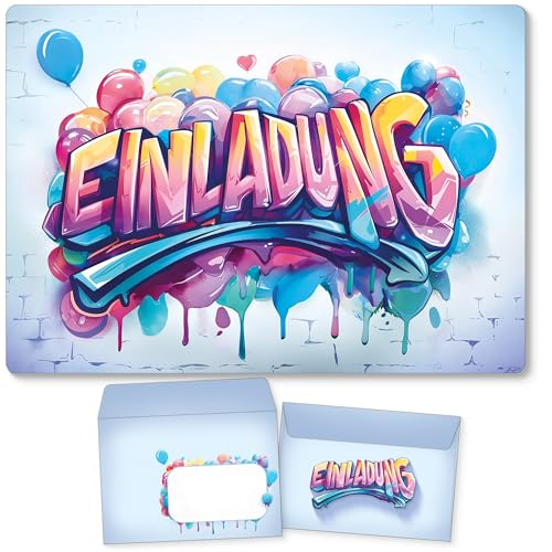 beriluDesign 12 Einladungskarten mit Umschlägen Kindergeburtstag Graffiti für Junge & Mädchen