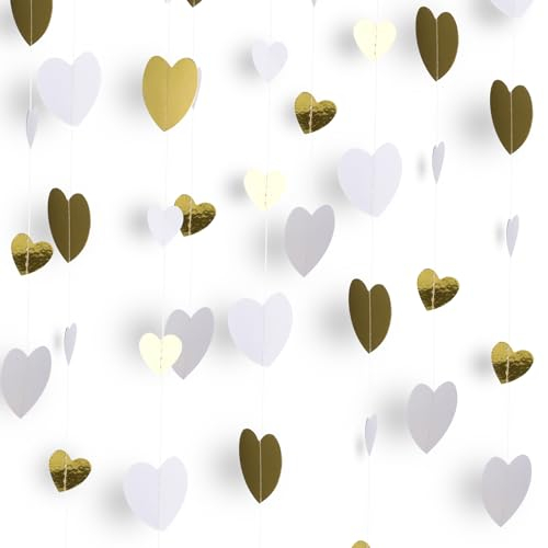 52 Ft Papier Girlande, Weiß und Gold Herz