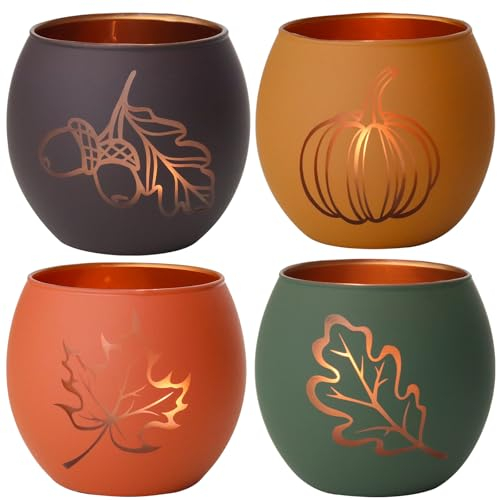 4er Set Teelichthalter aus Glas mit Herbstmotiven