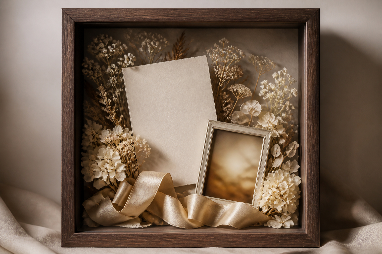 Schattenbox als Hochzeitsdekoration mit Trockenblumen