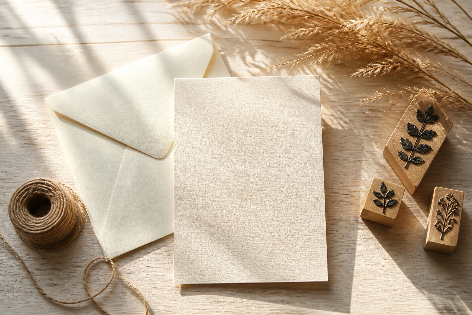 Selbst gestaltete Hochzeitseinladung mit botanischen Stempeln