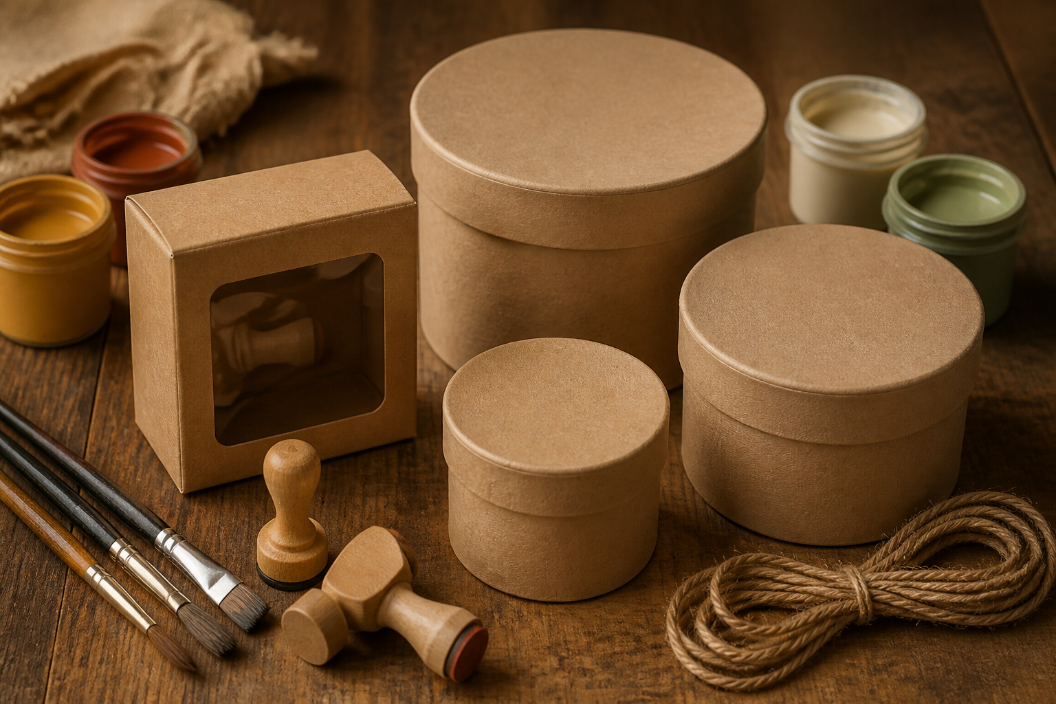 Pappmaché-Boxen und Bastelmaterial für kreative Einladungen