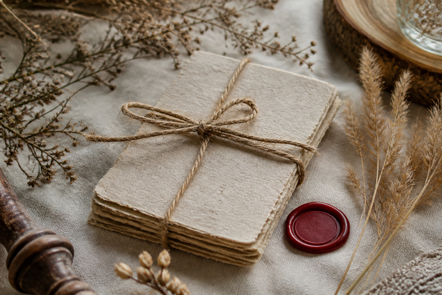 Nachhaltige Hochzeitskarte mit Jute Wachssiegel und Recyclingpapier