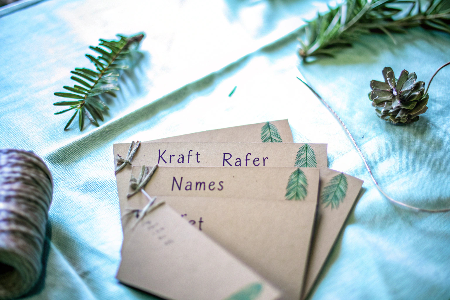 Rustikale Tischkarten aus Kraftpapier mit handgeschriebenen Namen und kleinen Deko-Elementen. Kraftpapier Tischkarten mit handschriftlichen Beschriftungen