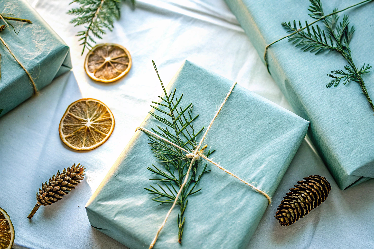 Saisonale Dekorationsideen für Geschenkverpackungen mit Naturmaterialien. Saisonale Geschenkdekoration