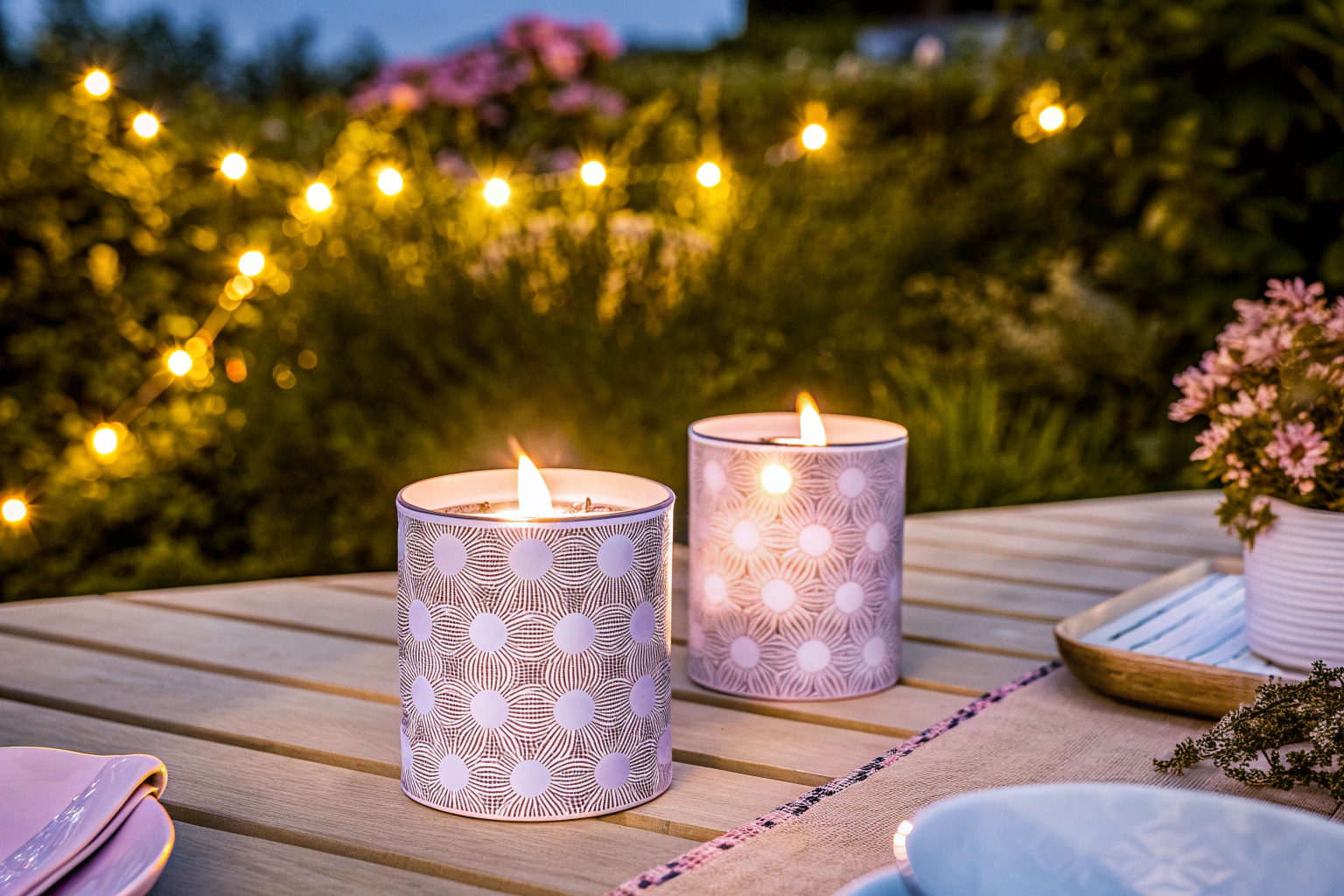 Schöne Citronella-Kerzen in dekorativen Dosen, die in einem Garten angezündet werden. Citronella Kerzen im Garten