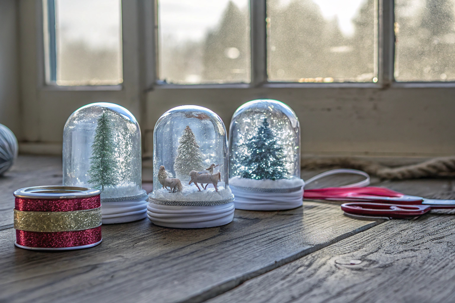 Selbstgemachte Schneekugeln auf einem Tisch, umgeben von Glitzer und Bastelmaterialien. Schneekugeln basteln