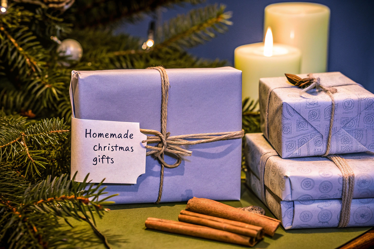 Selbstgemachte Weihnachtsgeschenke, liebevoll verpackt in recyceltem Papier und natürlichen Materialien. Nachhaltige Weihnachtsgeschenke