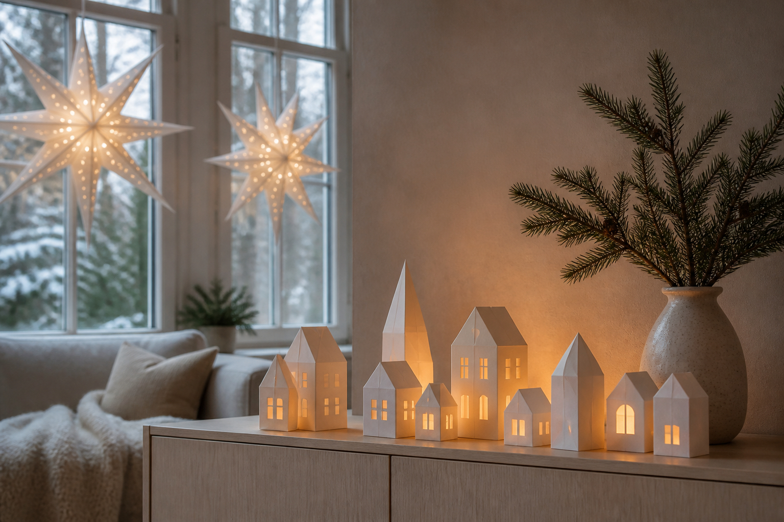 Skandinavische Weihnachtsdeko aus Papier im Wohnzimmer