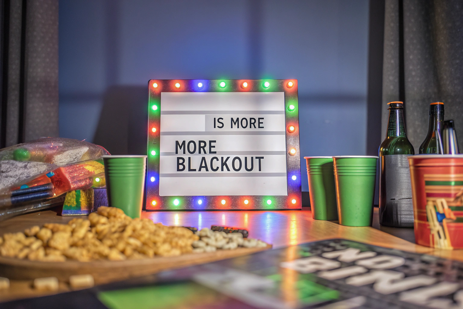 Spieler, die sich bei More is More Blackout amüsieren, während sie versuchen, die Herausforderungen zu meistern. Spieler beim Partyspiel Blackout