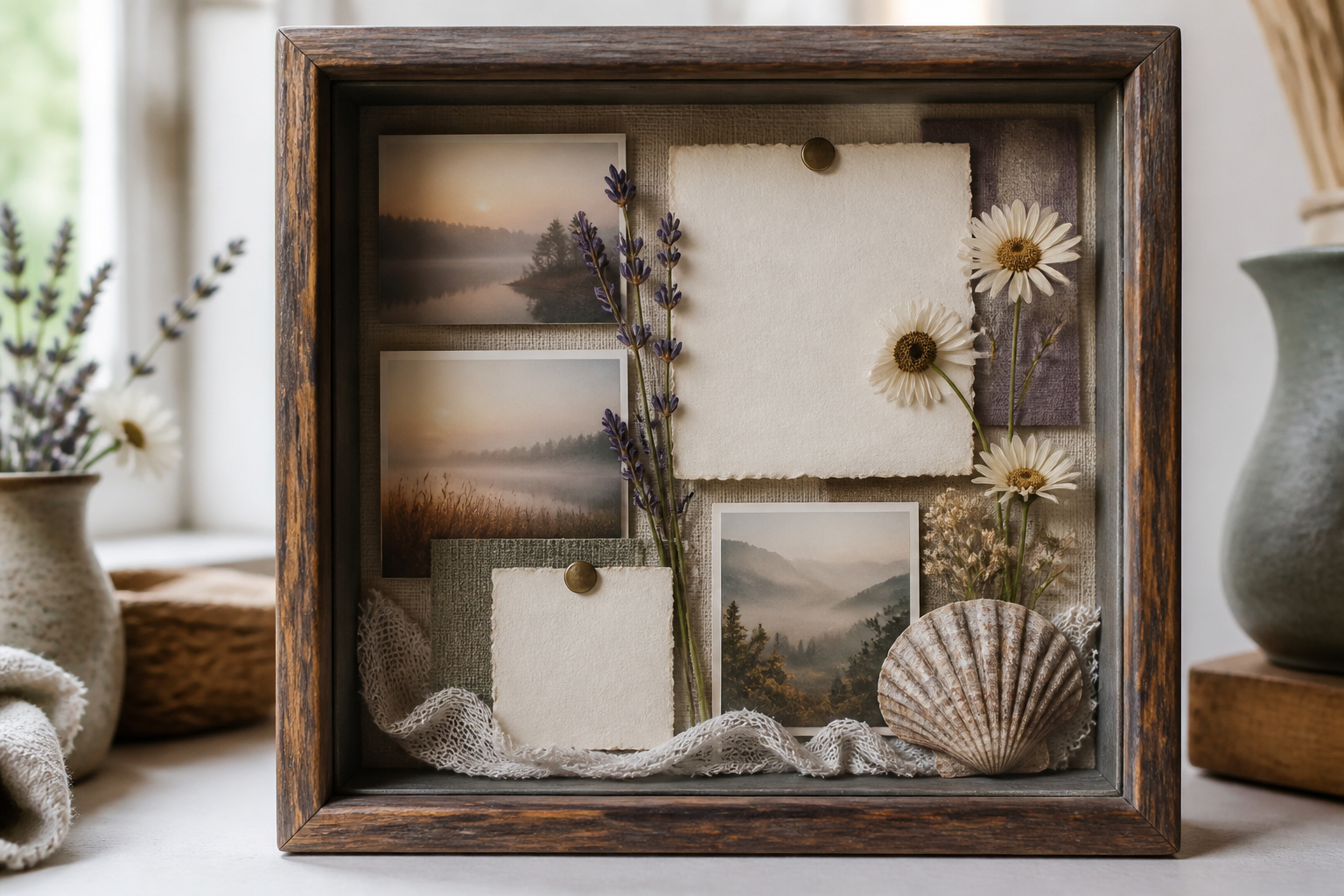 Schattenbox mit Fotos und Trockenblumen gestalten