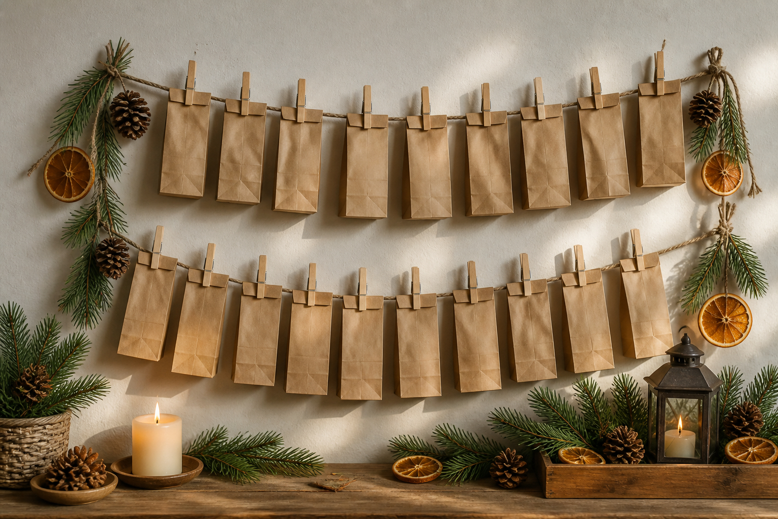 Nachhaltiger DIY-Adventskalender für Erwachsene aus Papiertüten und Jute