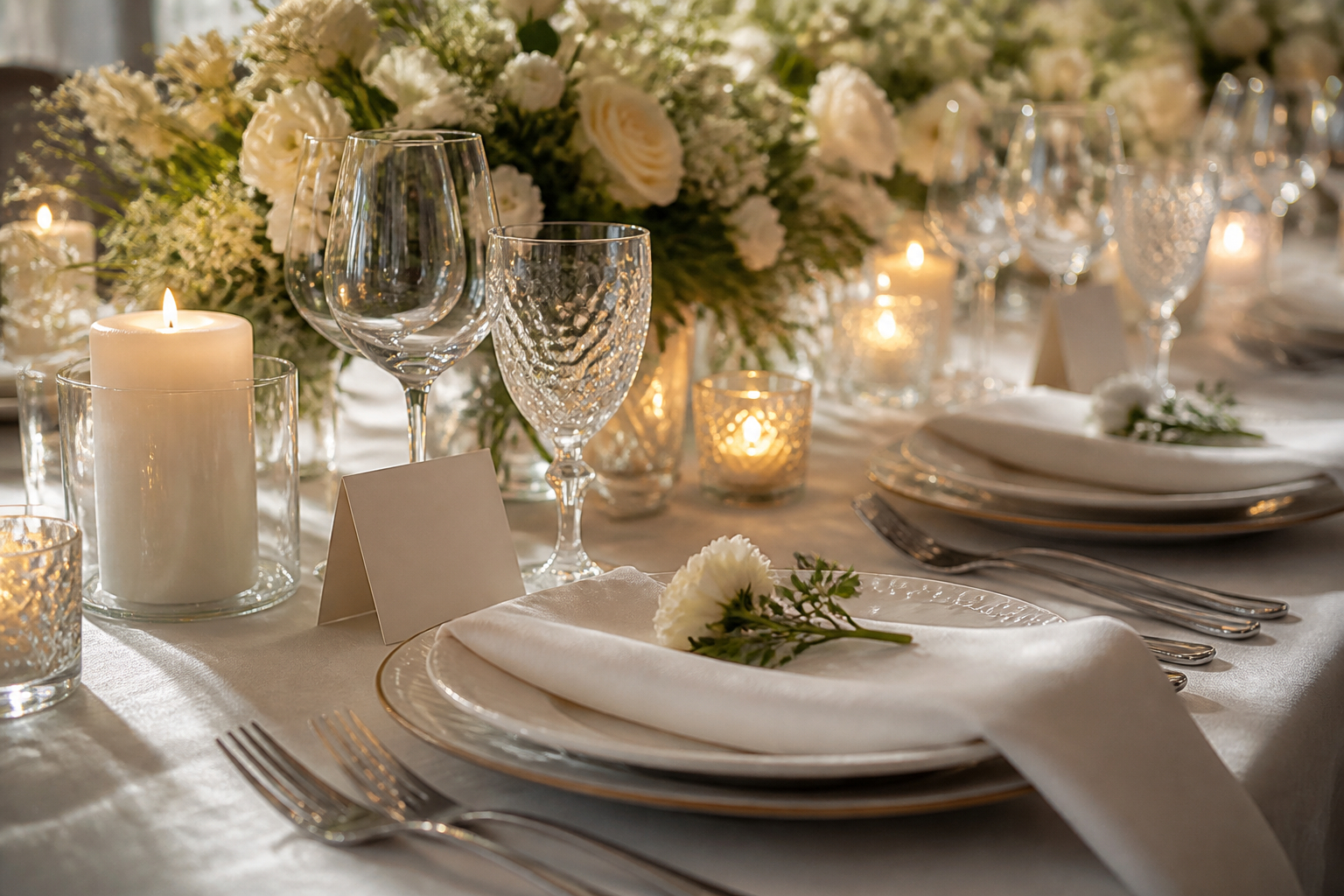 Elegante Tischkarten auf einem festlich gedeckten Hochzeitstisch