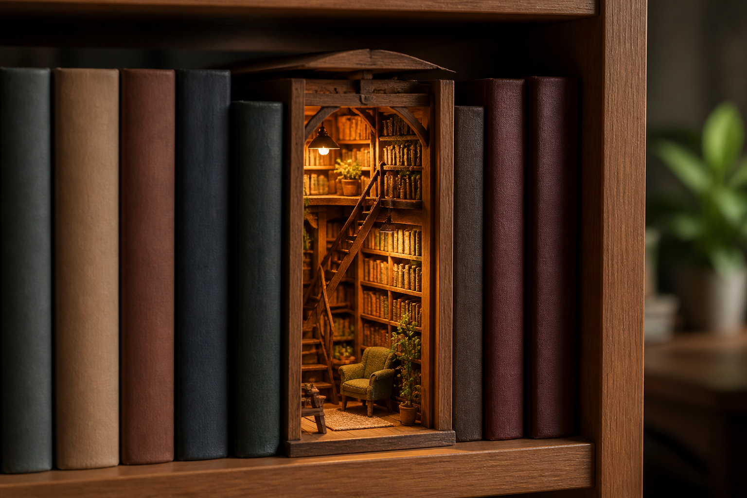 Beleuchteter Book Nook zwischen Büchern im Regal