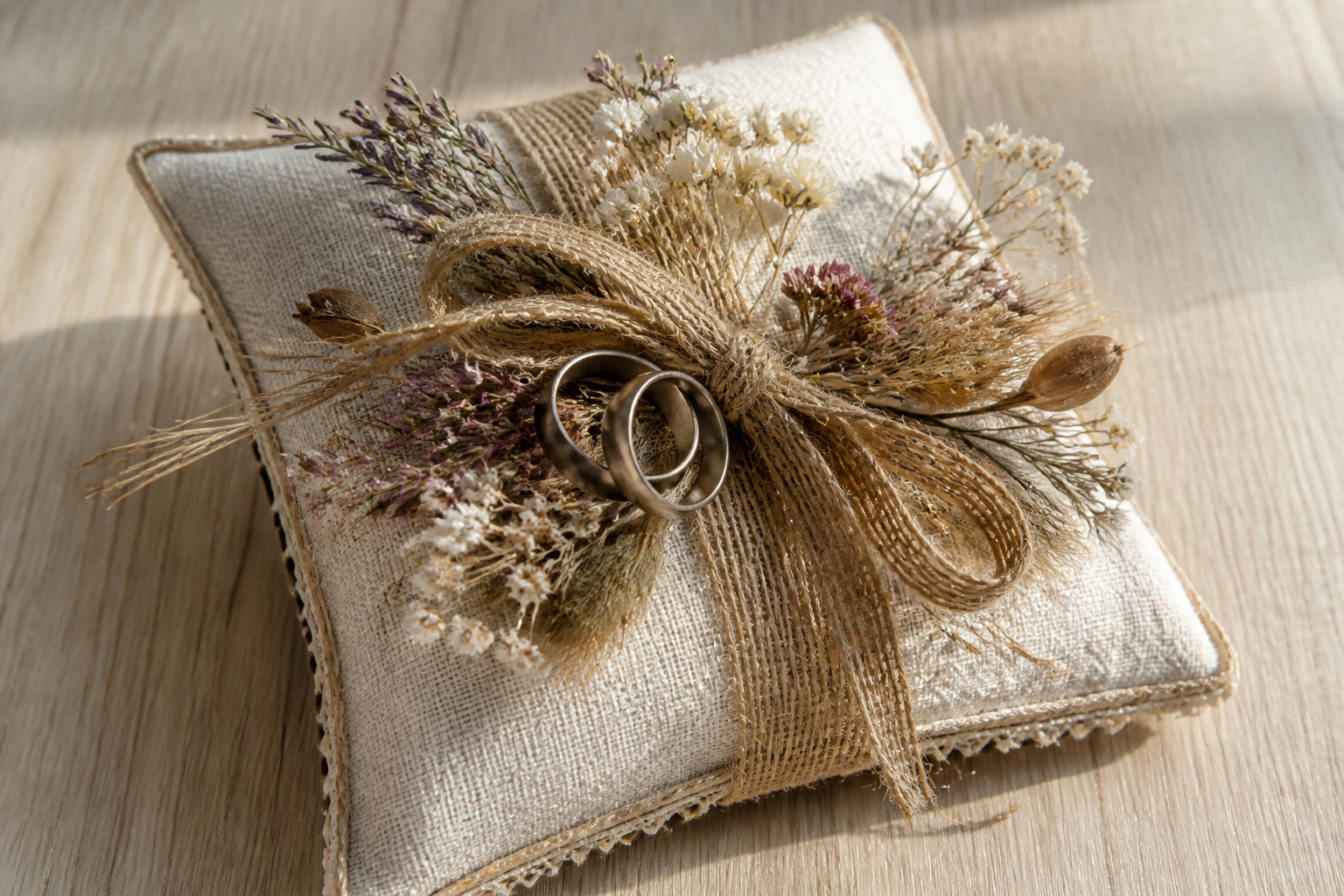 DIY-Ringkissen aus Leinen mit Eheringen und Trockenblumen