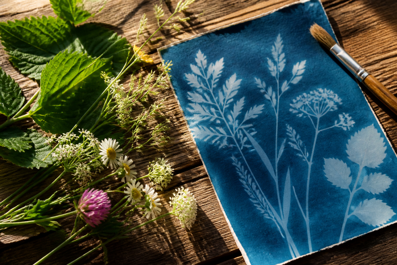 Botanische Cyanotypie mit Blättern und blauen Sonnendrucken
